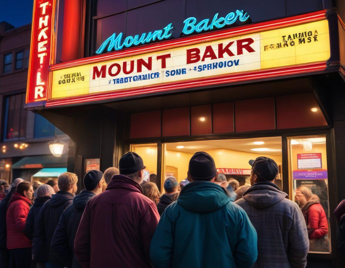 A bustling ticket booth at Mount Baker Theater with excited people eagerly waiting in line. Highlight the iconic theater marquee with vibrant lights and a poster of a popular show. Show a close-up of a few tickets in someone's hand, with Mount Baker Theater's logo clearly visible. vibrant colors. detailed. super-realistic.