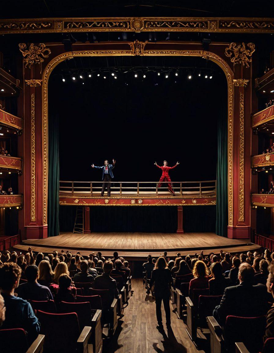 A lively theater stage with half of it decorated in dramatic, dark tones and the other half in bright, comical elements; actors on stage performing dramatic gestures on one side and comedic antics on the other; a captivated audience in the foreground reacting differently to each side. super-realistic. vibrant colors. dynamic lighting.