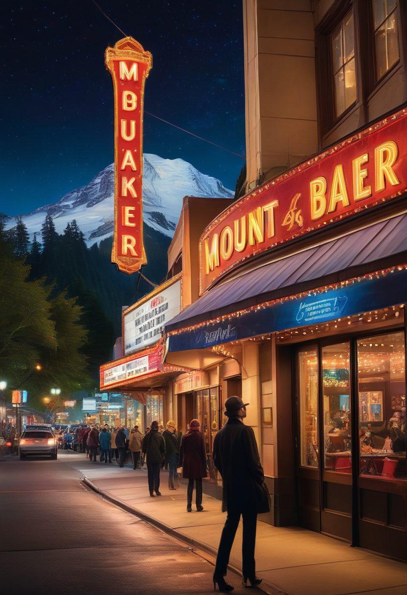 A dazzling night scene of Mount Baker Theater illuminated with marquee lights, showcasing diverse posters of upcoming shows such as musicals, plays, and concerts. People eagerly waiting in line, with the iconic Mount Baker peak visible in the background, and a cityscape dotted with sparkling lights. Some people are dressed in elegant evening attire while others sport casual chic, reflecting the diversity of the events. Vibrant colors and enthusiastic expressions on faces. super-realistic. vibrant colors.